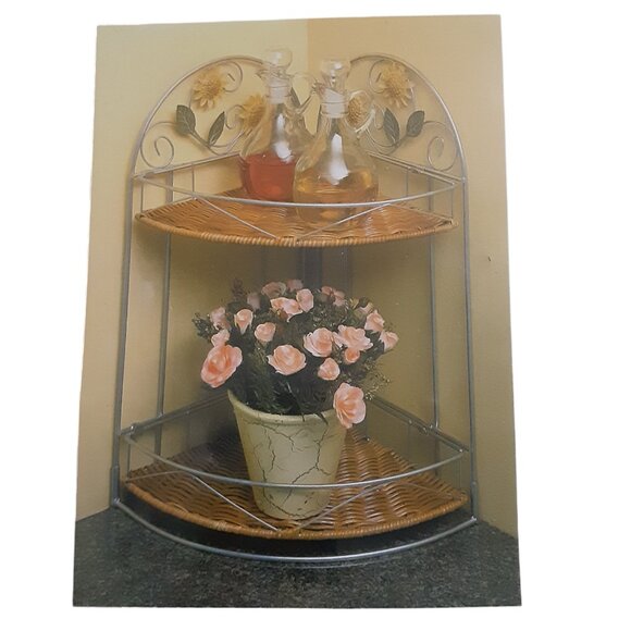Wicker 2 Tier Corner Rack Silver w/Sunflowers - Picture 1 of 3